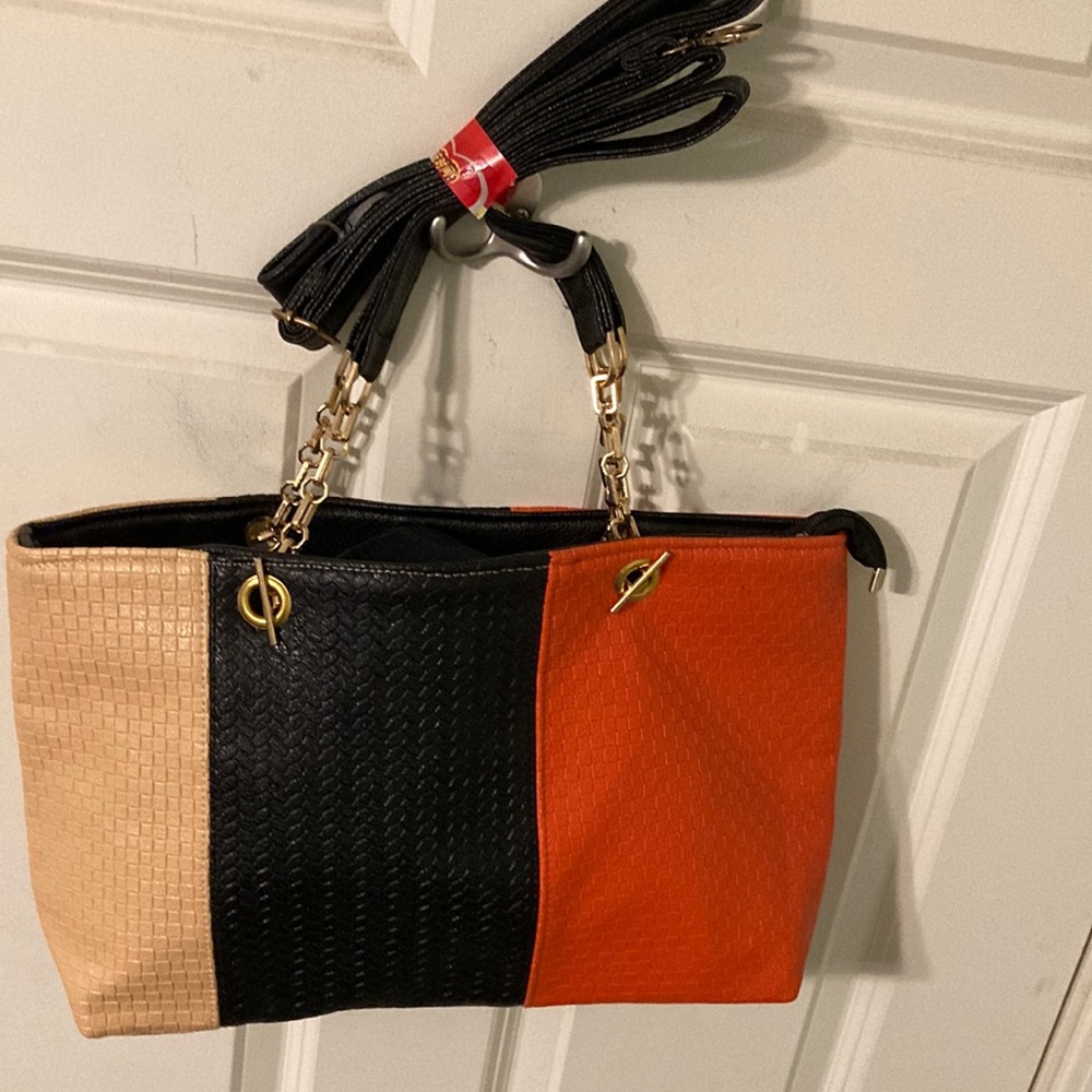 NEW NWOT Color Block Handbag Purse Textured Croc Alligator Orange, Black, Beige - Picture 1 of 15